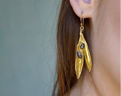 Picture of Olive leaf Earrings Gold on Sterling Silver with two Black Rhodium Olive fruits. Nature Lover Earrings from Mother Nature jewelry