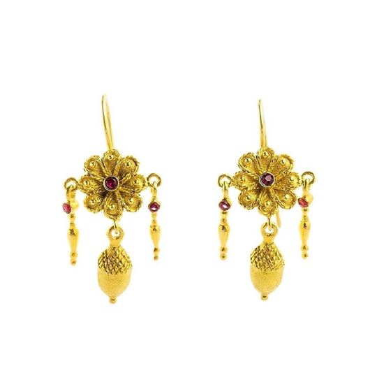 Picture of Solid Gold 18K hook Earrings with Rubies and Acorns