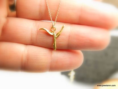 Picture of Branch Angel Cross on Chain Necklace. 14k Gold on sterling silver 925. Plant Twig Pendant Leaf. Unisex Faith Gift. Woodland jewelry