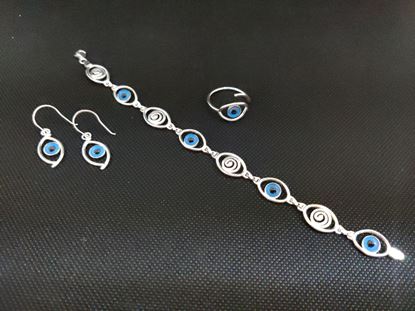 Picture of Silver set of bracelet, ring and earring with evil eye