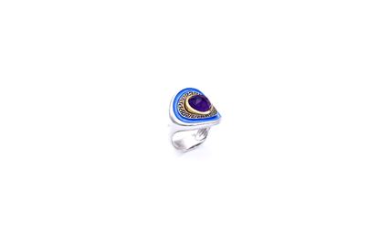 Picture of Silver Ring with Greek Key Pattern Gold Plated Bezel with Enamel and Doublet Gemstone