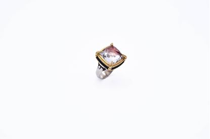 Picture of Silver Square Ring with 24K Gold Leaf, Enamel, and Faceted Quartz